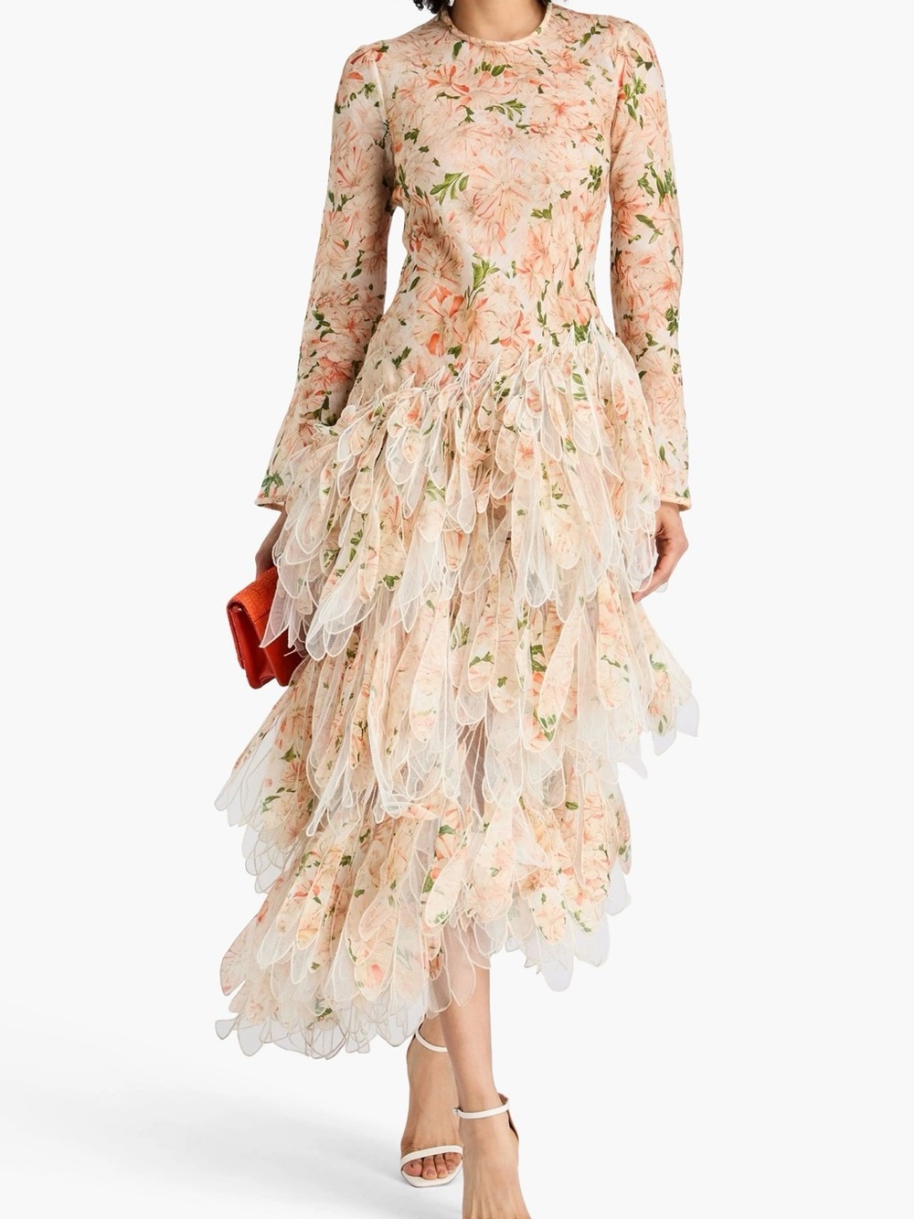 Zimmermann Blush Peach Floral Tiered Ruffle Long Sleeve Midi Dress